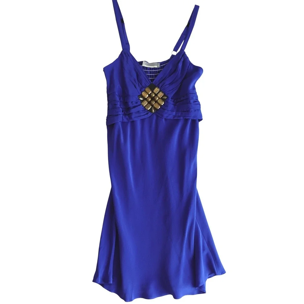 Vintage Y2K Mini‎ Slip Dress Womens M Blue Silk Beaded Babydoll Going Out Party